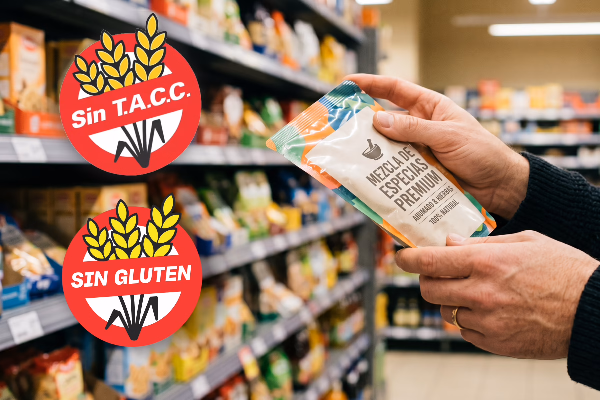 Góndola de supermercado con productos libres de gluten y sus envases a la vista.