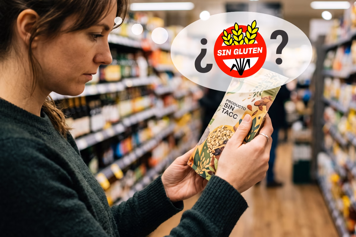 Persona revisando el frente de un paquete de alimento en la góndola de un supermercado