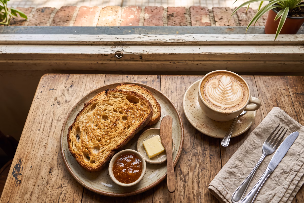 Mesa de un café de barrio en Zona Norte con un plato de comida sin gluten y un café, junto a una ventana con árboles