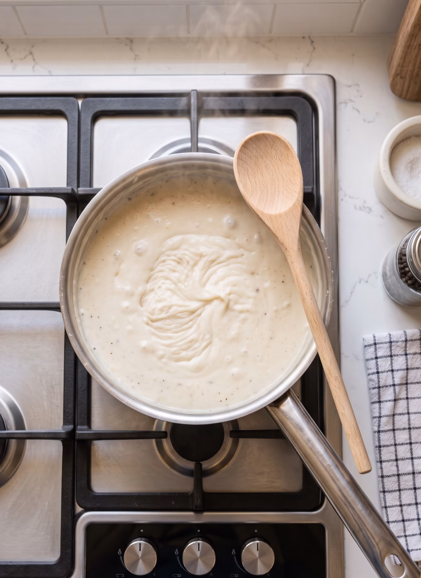 Salsa blanca sin TACC espesa en una olla, con un batidor de varillas apoyado en el borde