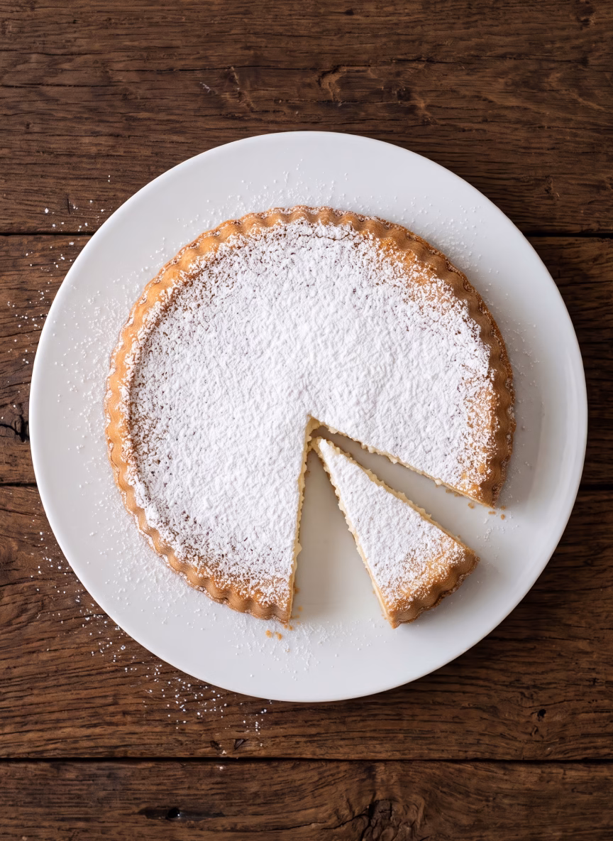 Tarta de ricota sin gluten con una porción cortada que muestra el relleno cremoso y la masa dorada