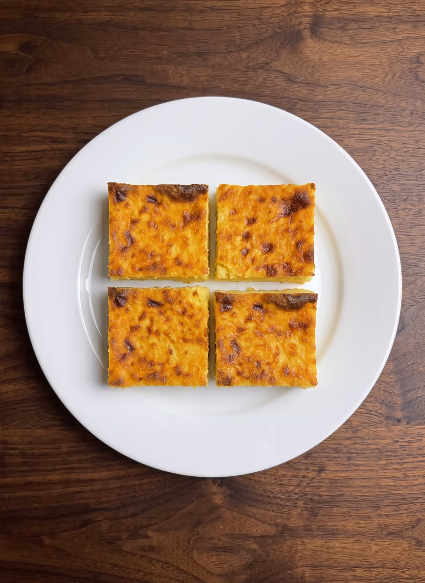 Sopa paraguaya sin TACC cortada en cuadrados, con la superficie dorada y el interior amarillo con trozos de queso