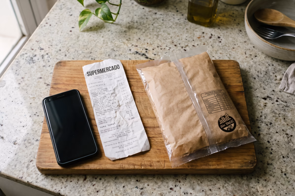 Envase de un alimento sobre una mesada junto a un ticket de compra y un celular, listos para hacer un reclamo